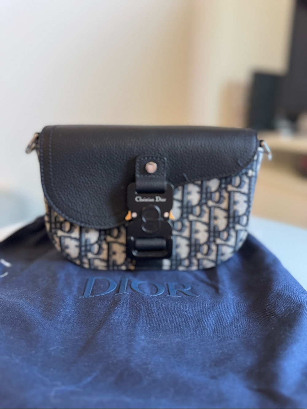 Dior Black and Beige Oblique Saddle Messenger Bag